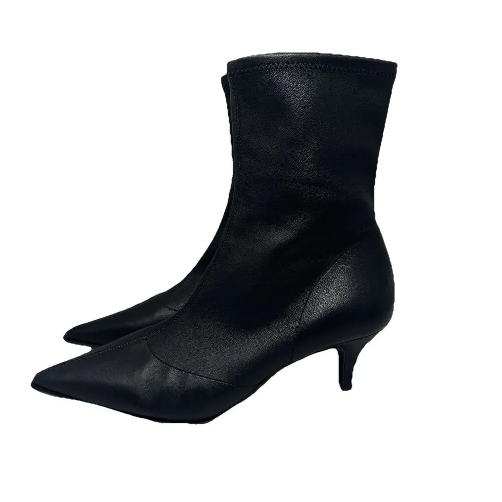 J‎ Crew Black Leather Stevie Kitten Heel Pointed Toe Ankle Boots Luxury 7.5